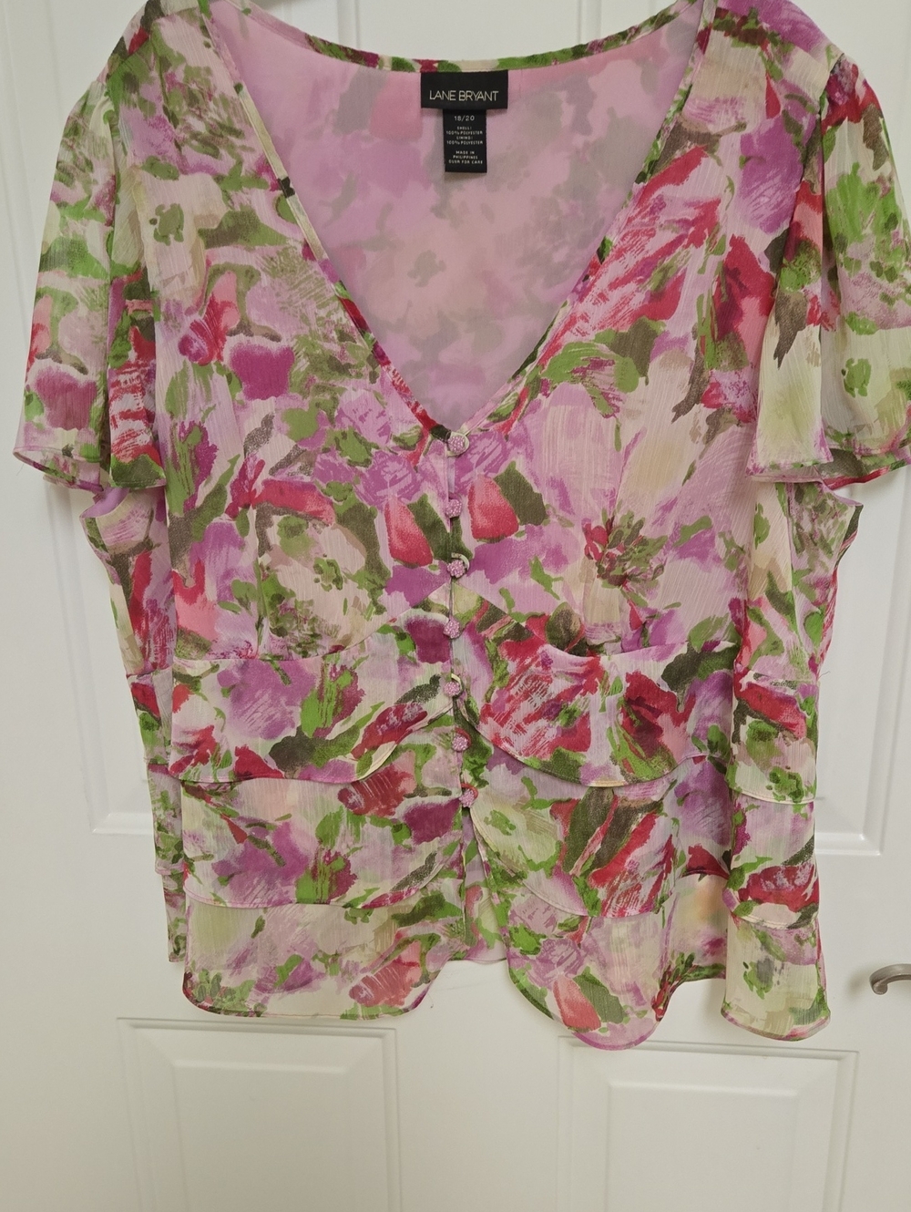 Lane Bryant Pink & Green Floral V-Neck Ruffle Button Blouse